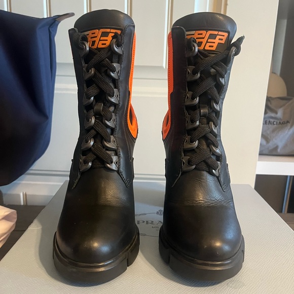 Prada Black/Orange Leather & Neoprene Lace Up Ankle Boots - Picture 2 of 10